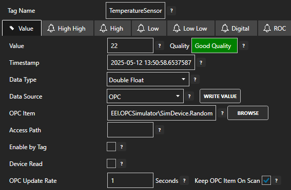 OPC DA tag configuration