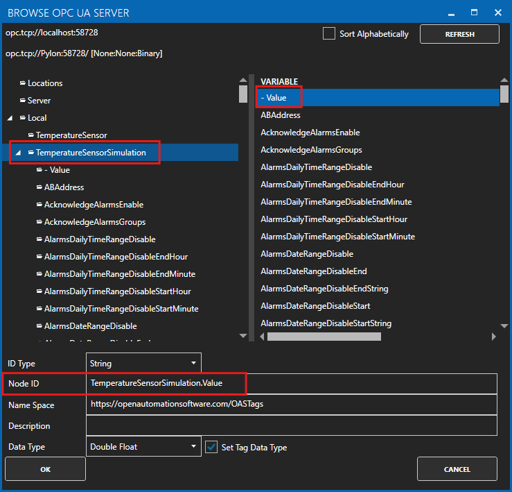 Browse OPC UA Server window
