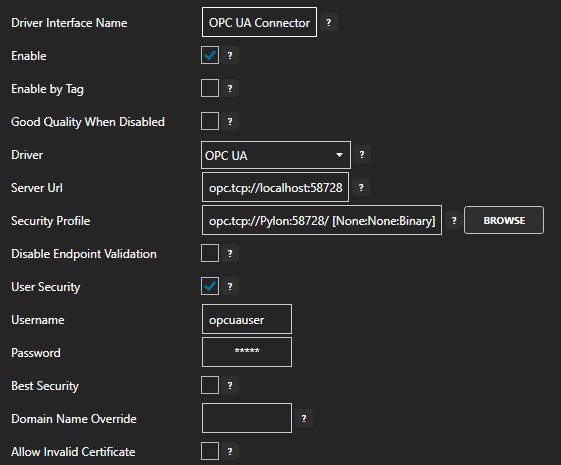 OPC UA connector configuration
