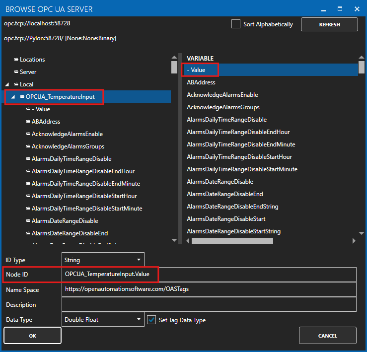 Browse OPC UA Server window