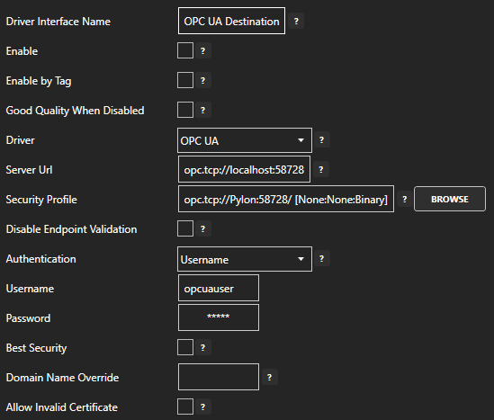 OPC UA connector configuration