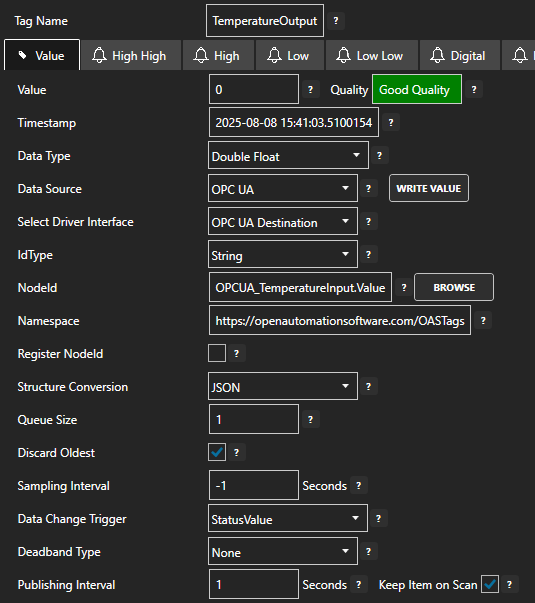OPC UA tag configuration