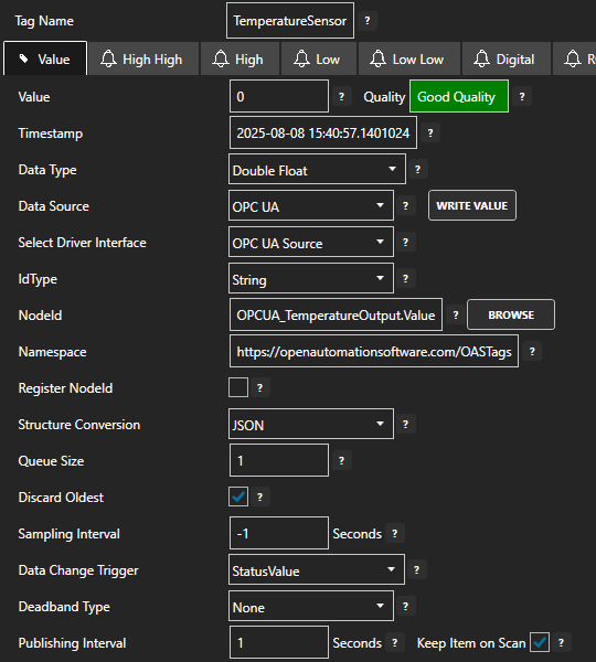 OPC UA tag configuration