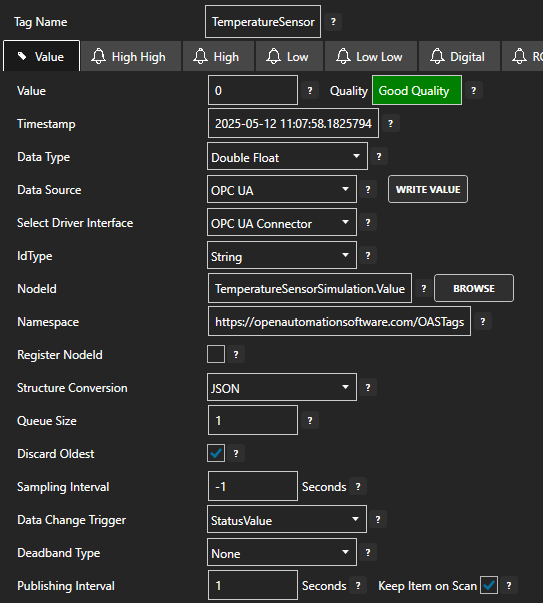 OPC UA tag configuration