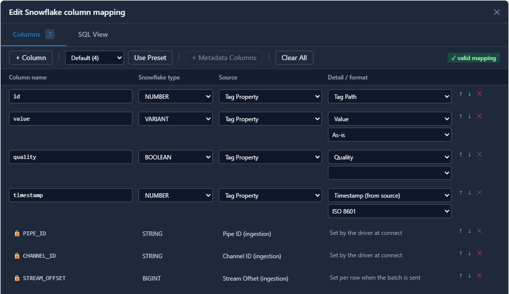 Snowflake Column Mapping
