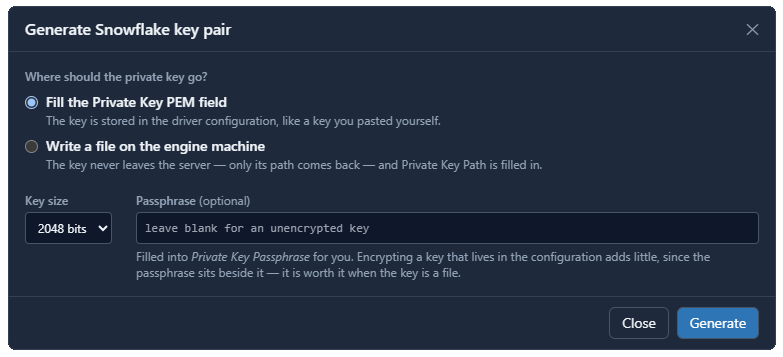 Generate key dialog