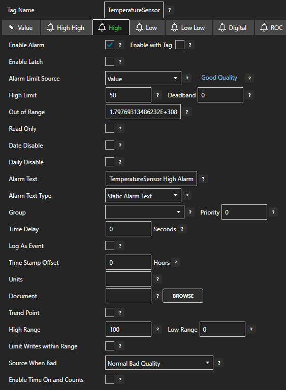 Tag high alarm limit settings