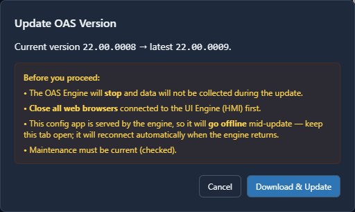 Update OAS Version dialog