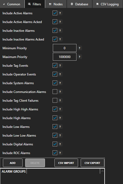 Alarm Logging Filters