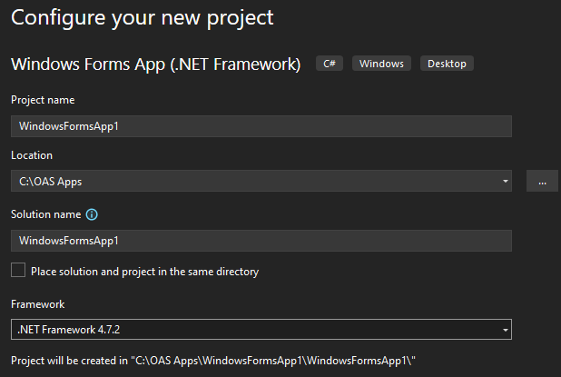 Visual Studio WinForm New Project