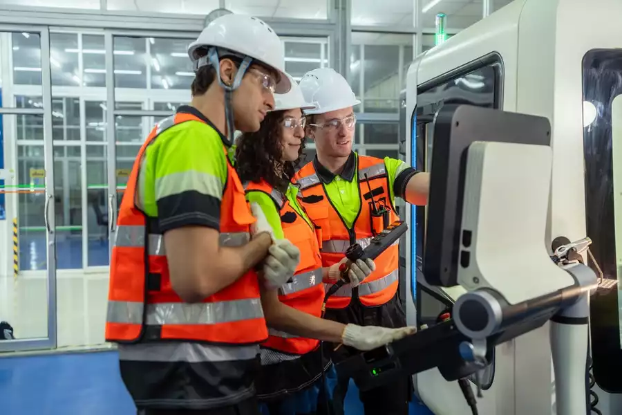 Three people wearing safety gear looking at a monitor