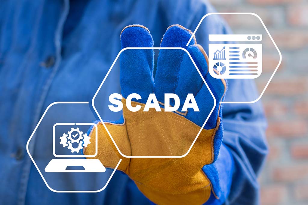 An engineer reaching up with a SCADA graphic overlay