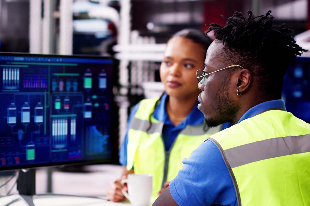 Engineers looking at an industrial data automation system