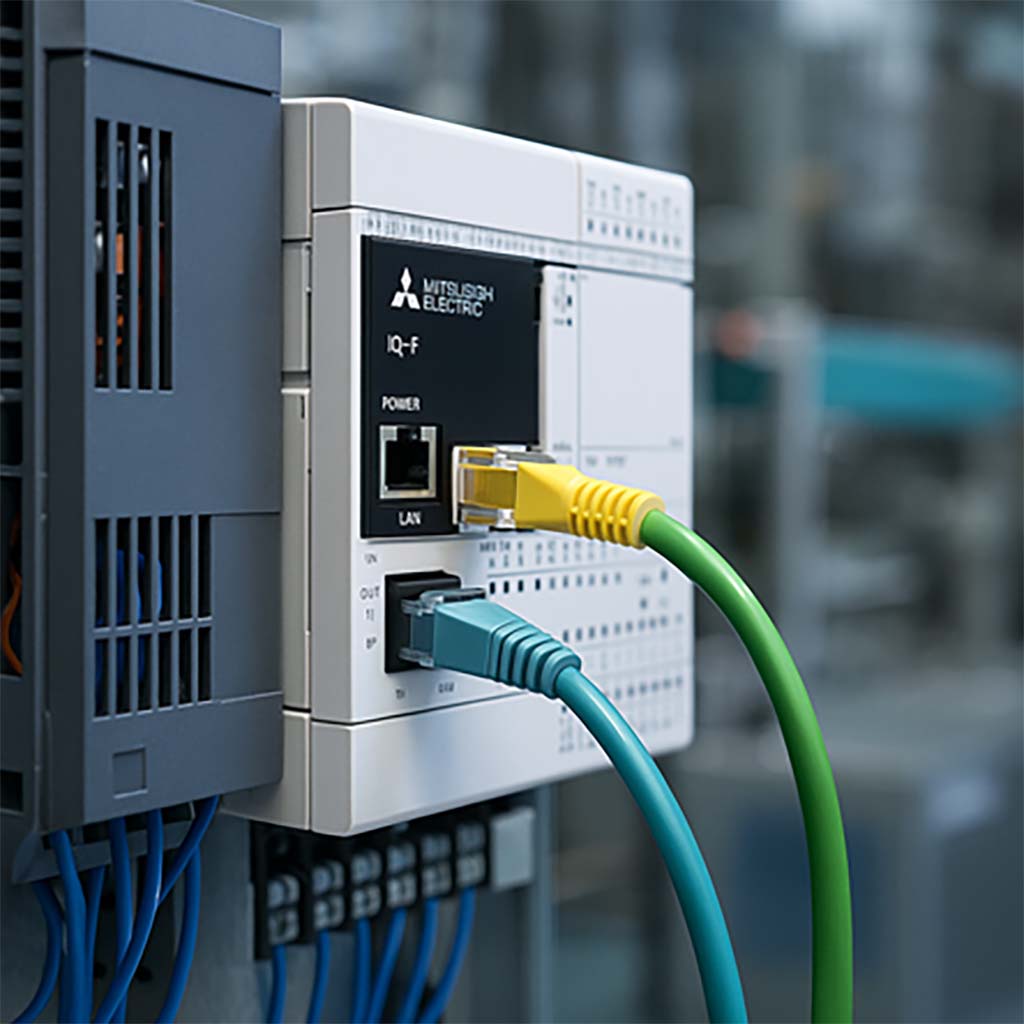 Close-up of a PLC with Ethernet cables connected in an industrial setting