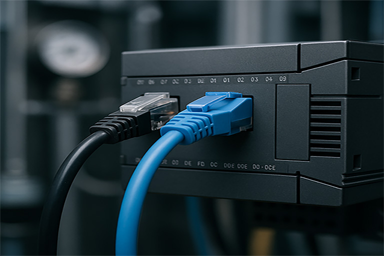 Ethernet cables connected to an industrial PLC