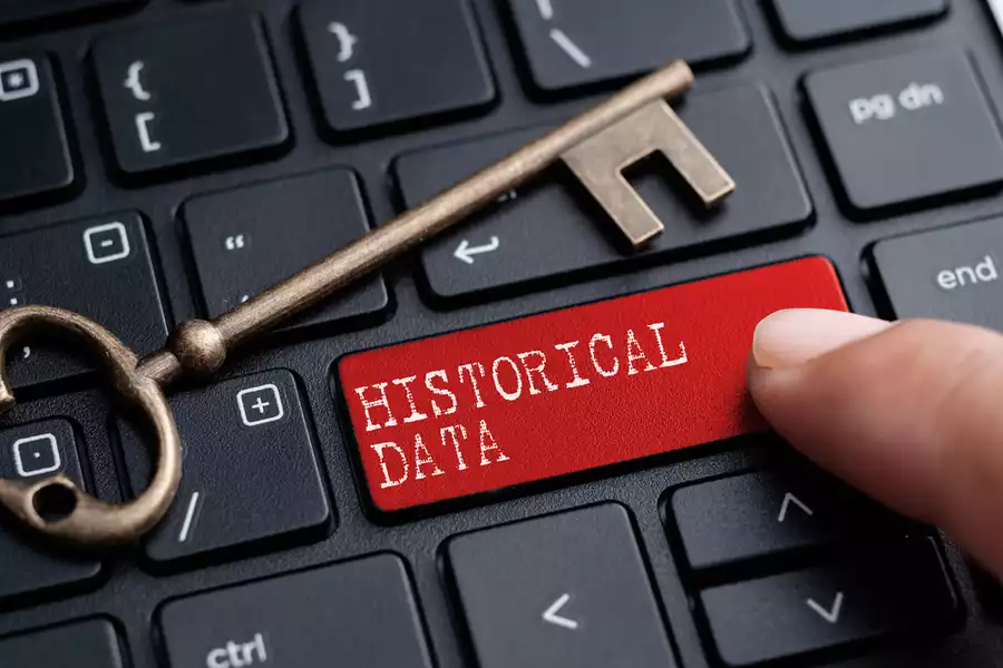 The finger on the keyboard with the word HISTORICAL DATA