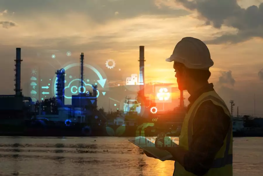 Engineer with safety gear using a tablet
