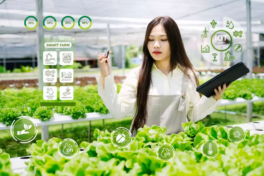Woman in greenhouse using smart farming technology