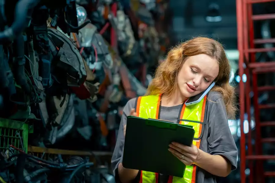 Factory worker with tablet checks inventory