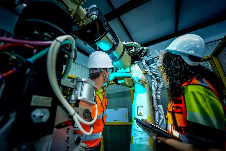 Engineers inspect something using the help of AI in a connected factory