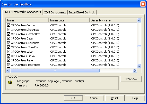 Add OPC Controls Components to Visual Studio.NET 308